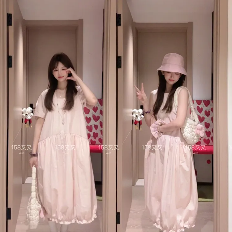 2025夏季新款温柔风蜜桃粉无袖圆领连衣裙韩系简约显瘦气质长裙