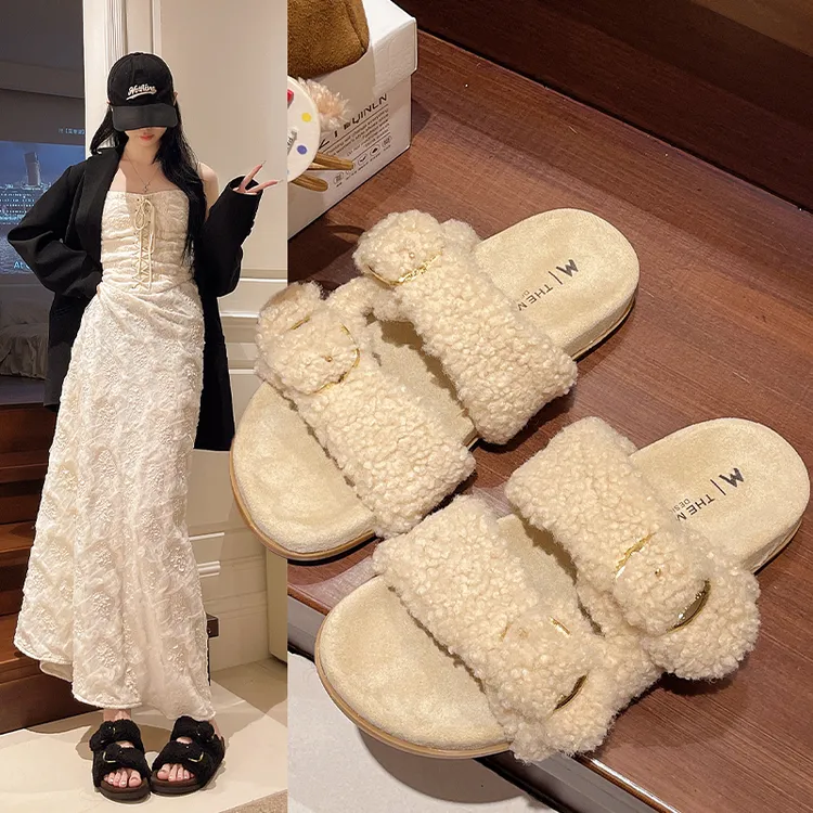 厚底毛毛拖鞋女外穿2025新款秋冬季时尚一字不累脚毛绒棉拖毛毛鞋