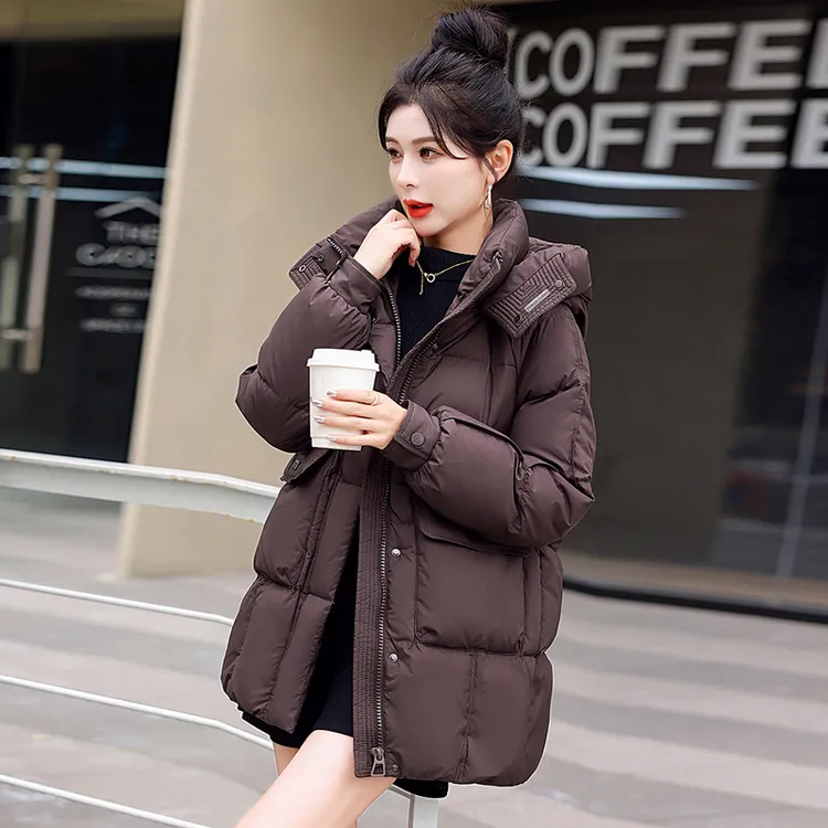 港风连帽加厚中长款棉服女2025秋冬新款韩版宽松长面包服保暖外套