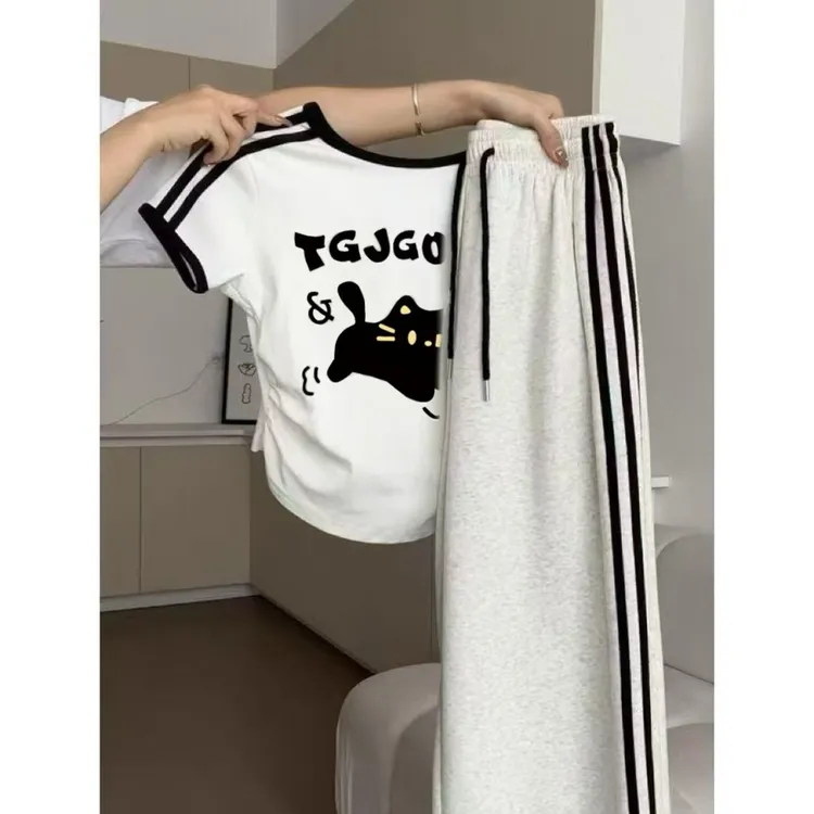 白灰色休闲裤套装美式宽松短袖女童直筒条纹小个子夏季运动裤子