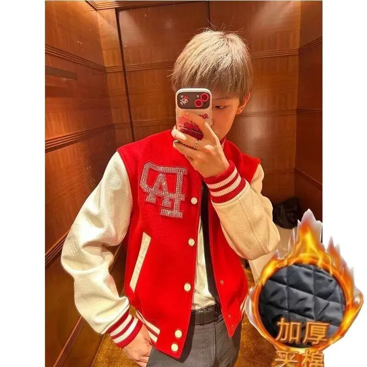 美式钉珠字母棒球服外套男潮牌重磅撞色皮袖宽松加绒上衣运动夹克