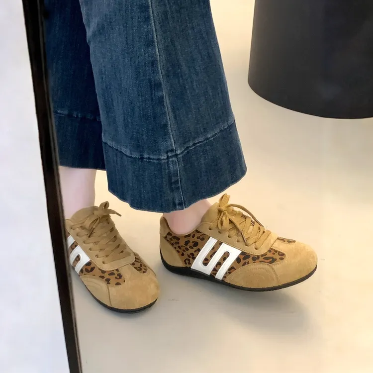 复古豹纹系带德训鞋女2025早秋新款复古百搭赛车鞋薄底运动休闲鞋