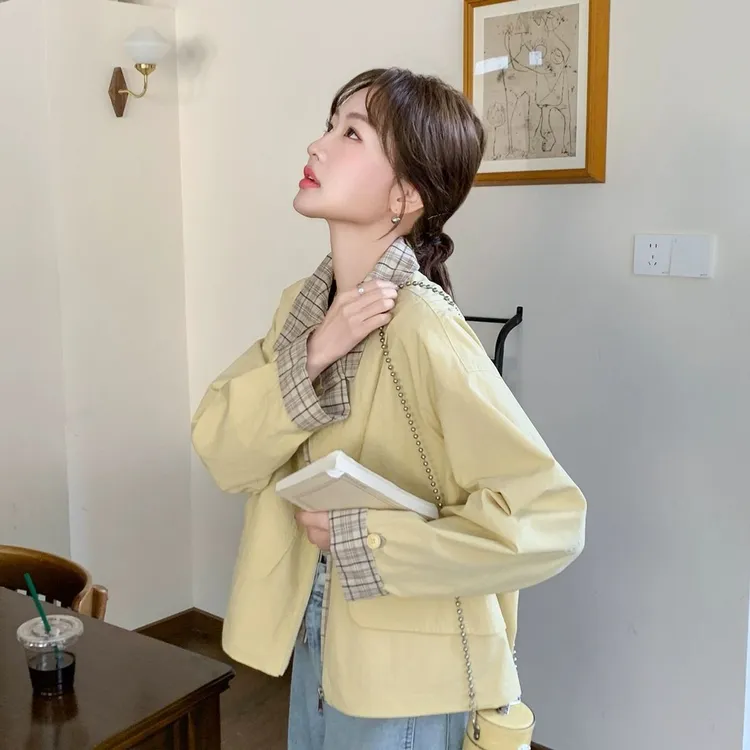 格子拼接短款黄色工装外套女春秋2025新款小个子休闲美式夹克流行