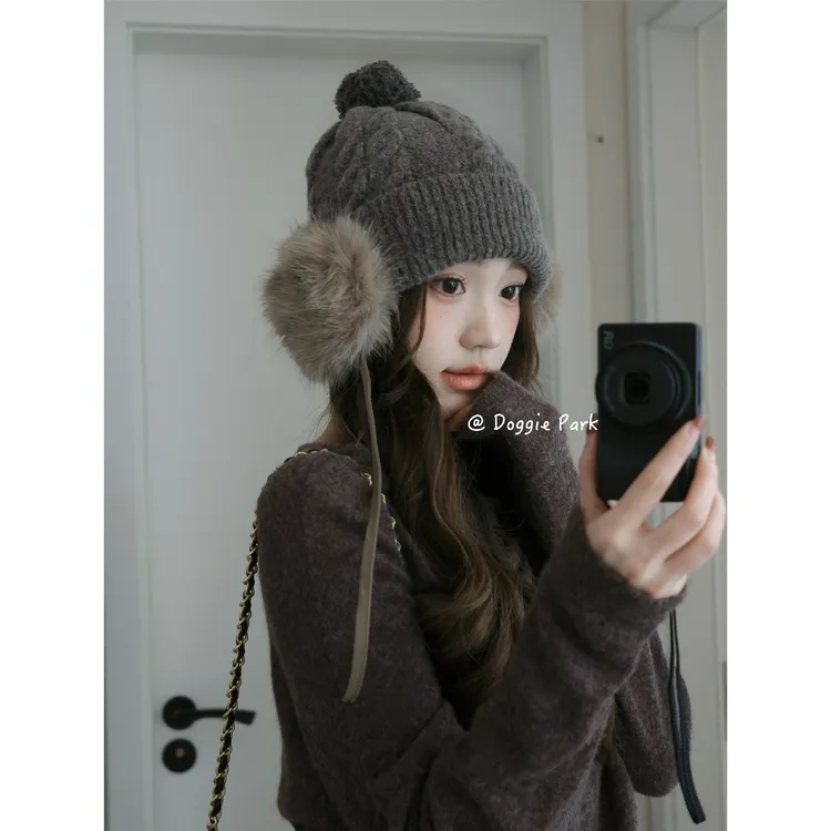 狗狗公园｜针织麻花耳包帽秋冬保暖毛球护耳设计韩系百搭显脸小
