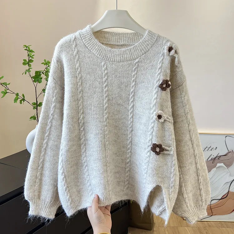 韩版麻花复古花朵毛衣女2025秋冬新款宽松显瘦温柔风套头针织衫