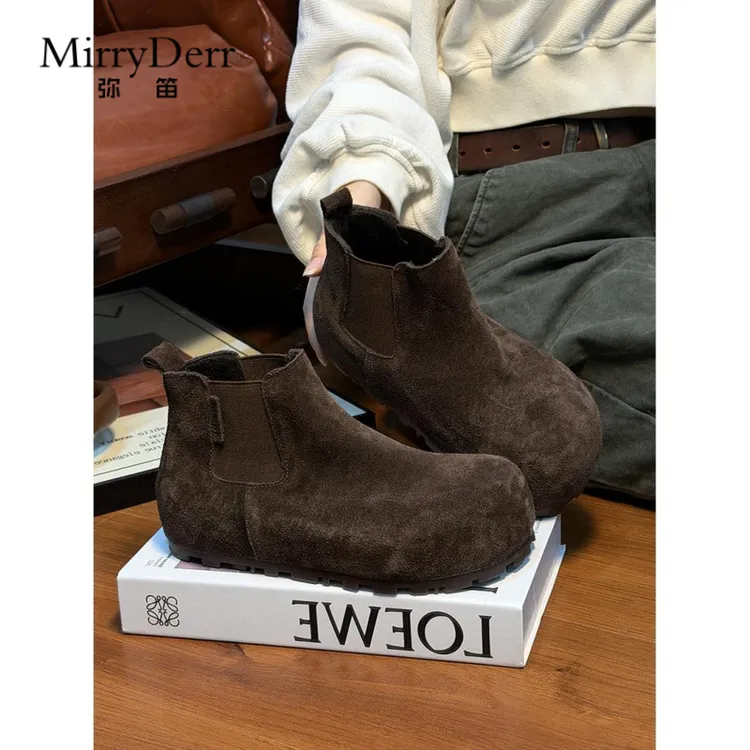 磨砂真皮加绒厚底爆款马丁靴女2025秋冬新款复古内增高勃肯短靴