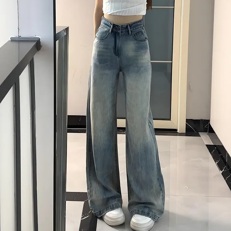 美式复古直筒牛仔裤女夏季新款大码胖高腰显瘦宽松遮胯阔腿裤子