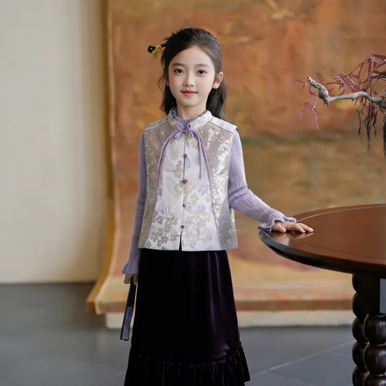 D260003女童国风盘扣马甲立领坎肩保暖背心2026新年款儿童拜年服