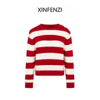 【喜笑颜开】XINFENZI 复古喜庆红白条针织套头衫 35753
