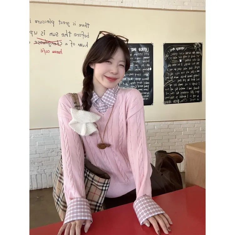 内搭针织温柔秋冬新款粉色假两件Polo领长袖毛衣女拼接领打底上衣