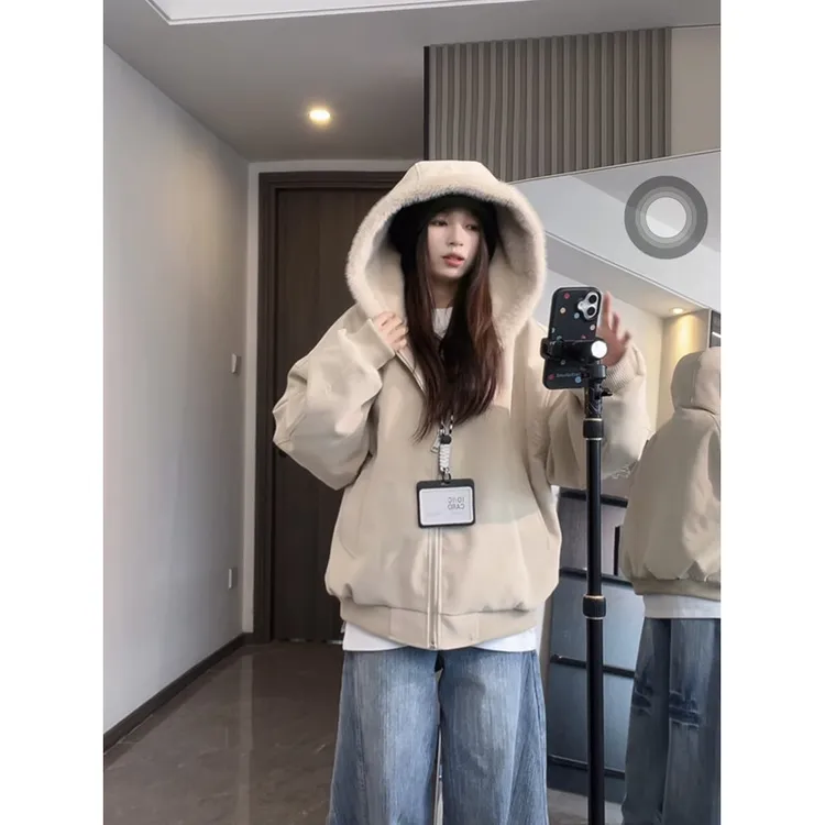 美式重磅荔枝纹PU皮加绒加厚皮衣皮棉服秋冬新款毛领百搭情侣外套