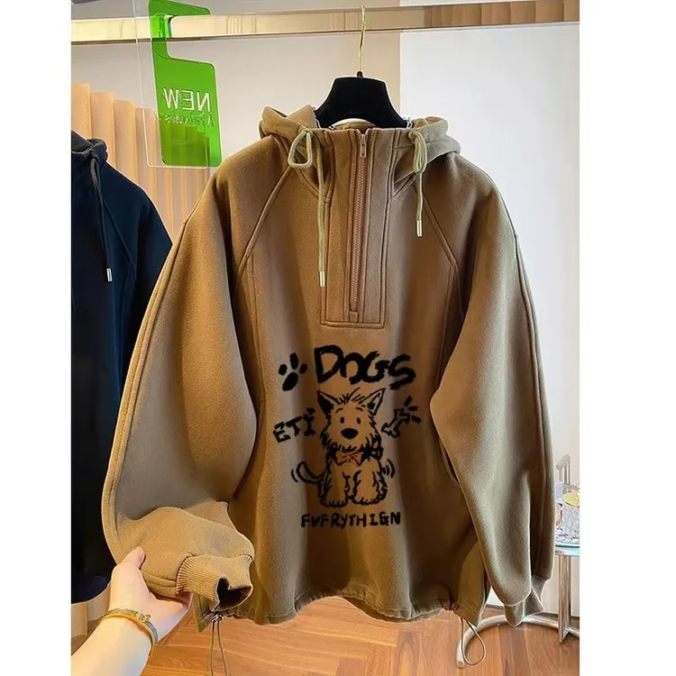 大码300斤重工卡通印花秋冬加绒连帽卫衣男女宽松半拉链宽松上衣