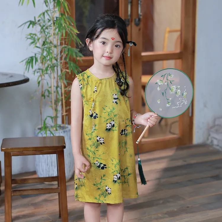 现货（金色熊猫）夏季薄款女童连衣裙儿童新中式裙子显白旗袍背心裙