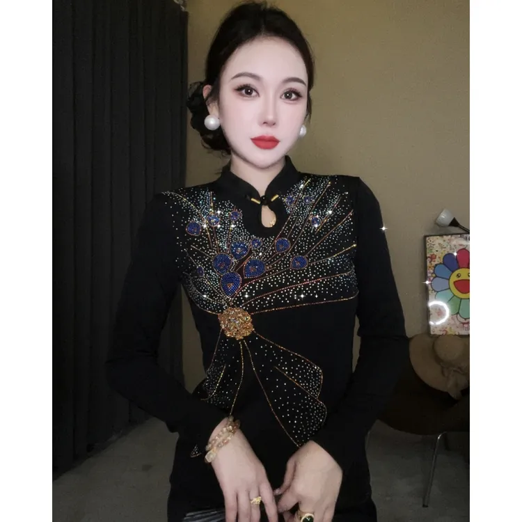 国风长袖女打底衫2025秋季新款时尚烫钻上衣修身显瘦长袖T恤潮