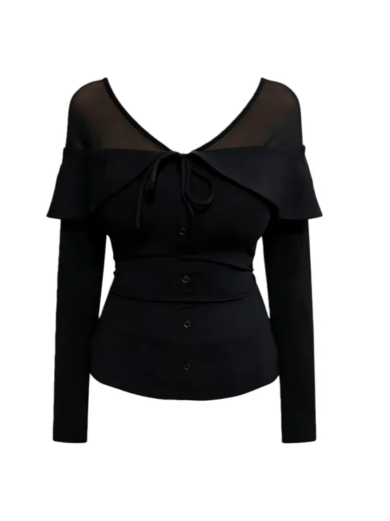 大码女装纯欲风微透网纱拼接一字肩长袖T恤打底衫女显瘦辣妹上衣