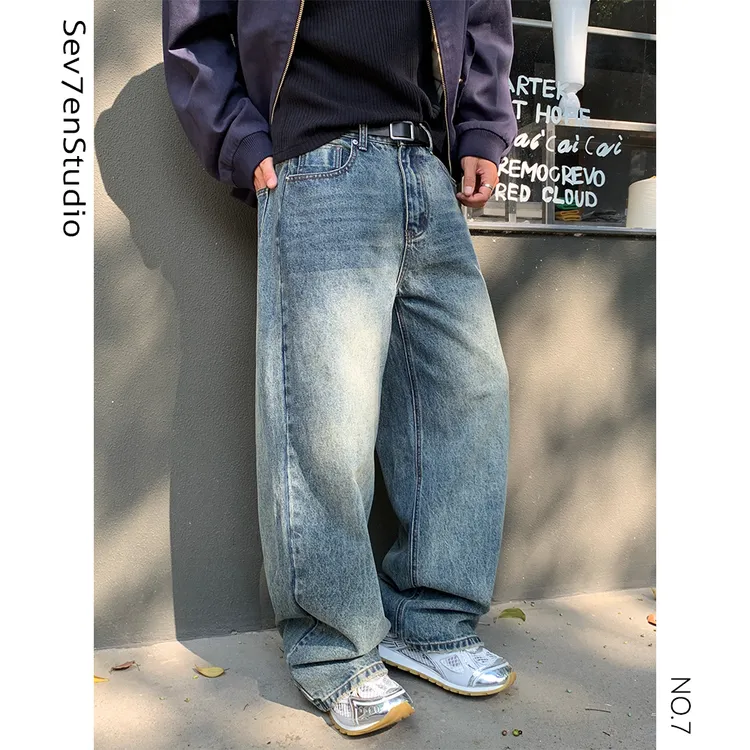美式复古直筒牛仔裤重工水洗手擦猫须重磅宽松裤子做旧长裤男女