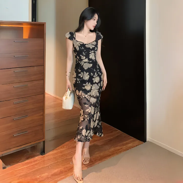 夏季雪纺印花连衣裙独特漂亮掐腰裙子女夏季法式度假超好看长裙女