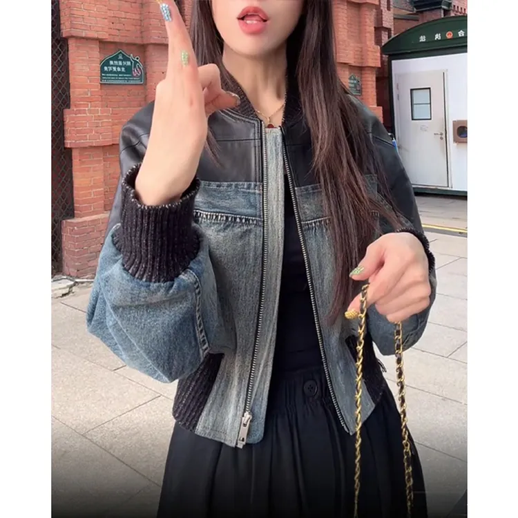 美式复古牛仔拼接皮衣外套女春秋今年流行时尚百搭小个子夹克上衣