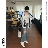 SSDS慵懒风条纹亚麻连帽针织衫女法式时尚气质镂空防晒罩衫上衣