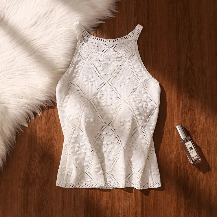 白色镂空设计感背心手工感钩花针织挖肩圆领小众无袖外穿上衣夏