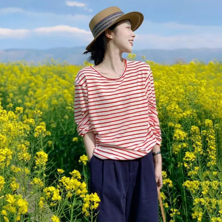 多巴胺红色条纹松弛感长袖T恤初春独特超好看上衣女2025新款爆款