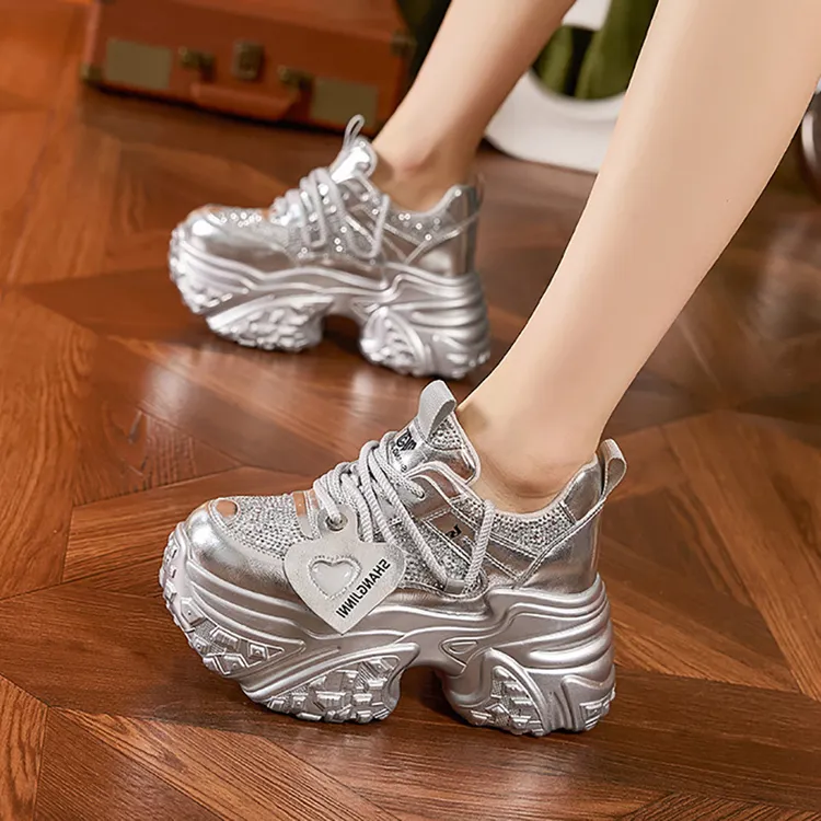 银色老爹鞋女2025春秋新款加绒水钻欧货潮鞋10公分厚底内增高女鞋