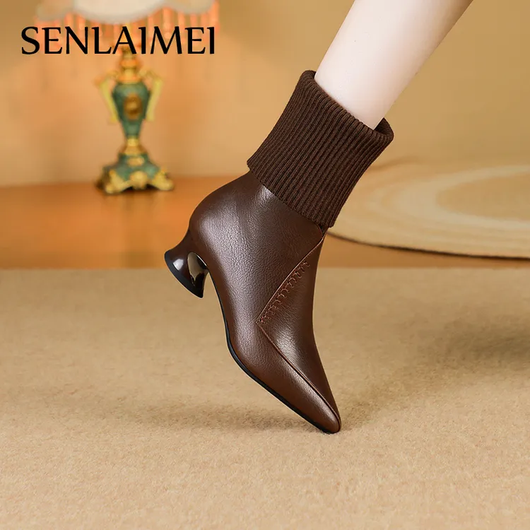 【鞋履官宣】毛线袜靴/8899/粗跟/34-42/牛皮秋冬真皮女靴袜靴