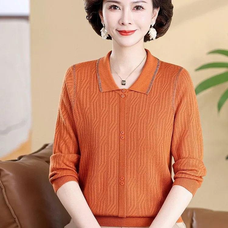 时尚妈妈春秋冰丝毛衣打底衫女中老年宽松套头针织遮肉翻领T恤衫