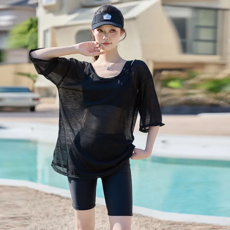 分体运动潜水服游泳女胖mm遮肚显瘦长袖罩衫防晒五分裤泳装