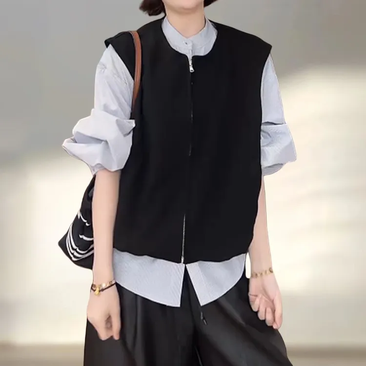 韩系设计感拼接假两件衬衫女早秋新款通勤减龄显瘦遮肉单排扣上衣