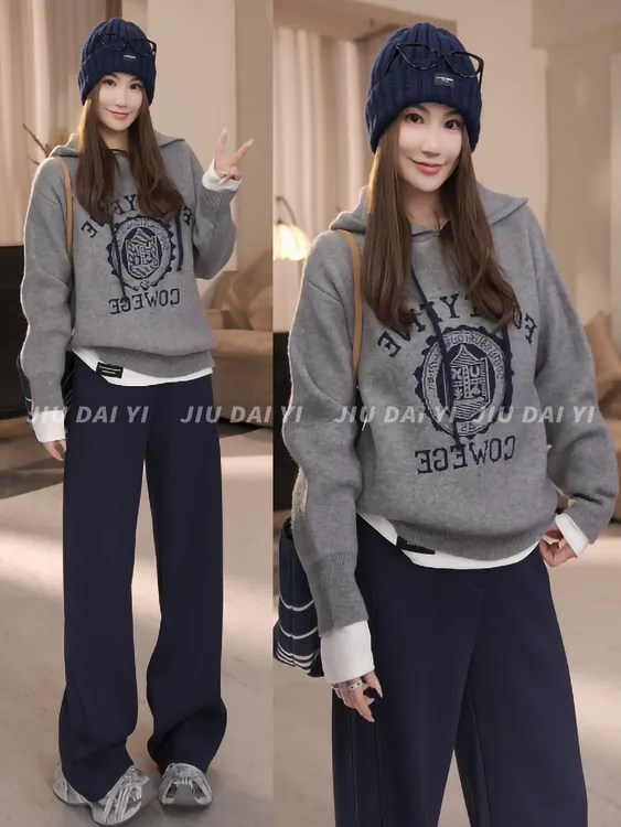 玖黛衣【美式调性】冬季韩版连帽字母厚款保暖针织衫XSP48057