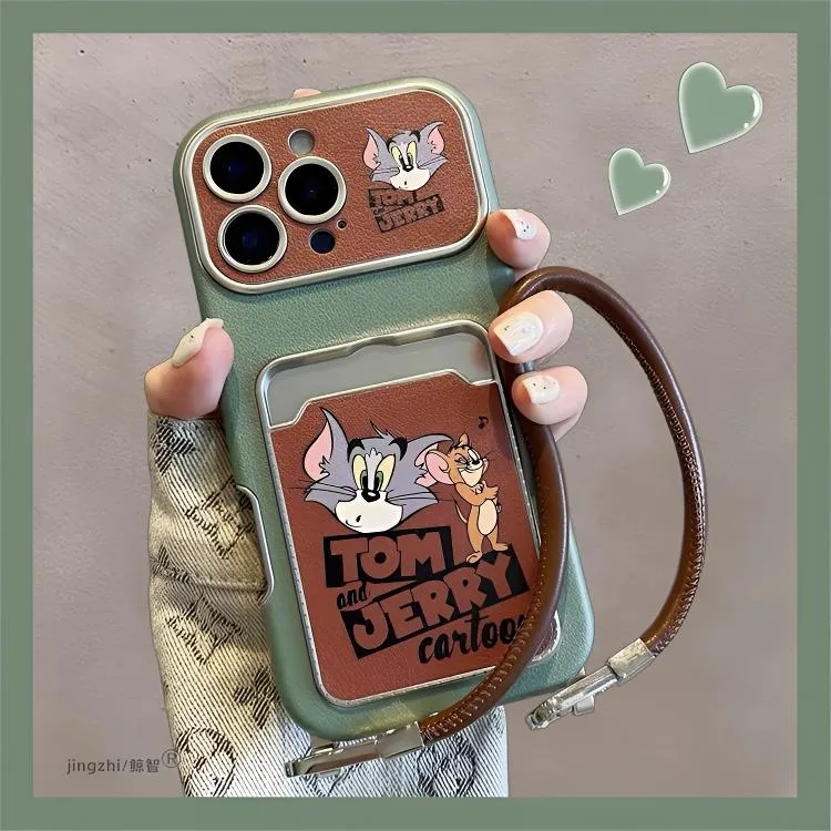 ins皮质汤姆猫卡包套带挂绳适用iPhone16pro手机壳15promax趣味14