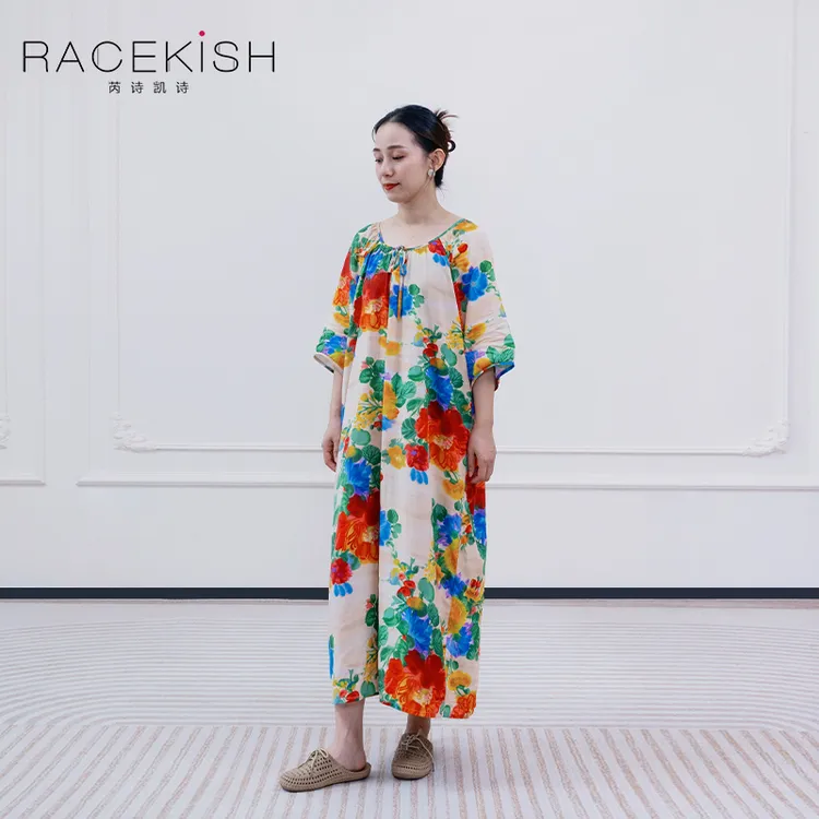 Racekish绵绸碎花睡裙带袖透气宽松长款家居睡裙印花长裙大码显瘦