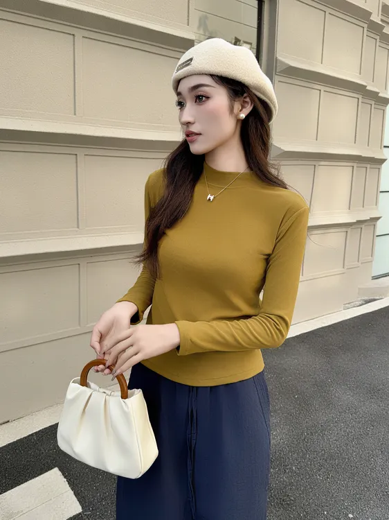 【发货快】秋冬季女士小立领款双面磨毛中长款保暖长袖百搭打底衫