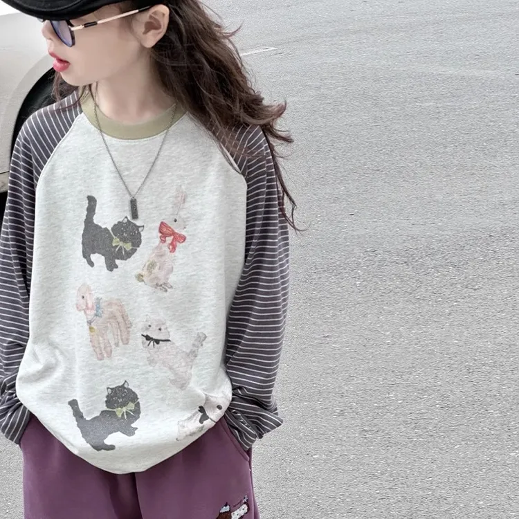 女大童打底T恤秋装2025新款儿童秋季洋气长袖上衣女孩条纹打底衫9