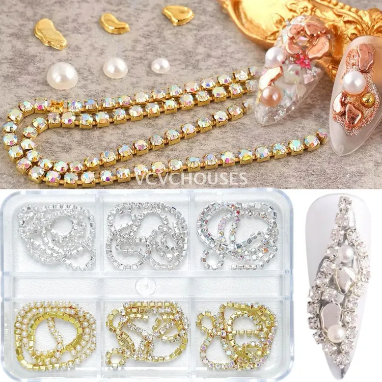 6格盒装链条钻爪钻美甲饰品超闪水钻合金幻彩AB钻法式斜边钻可剪