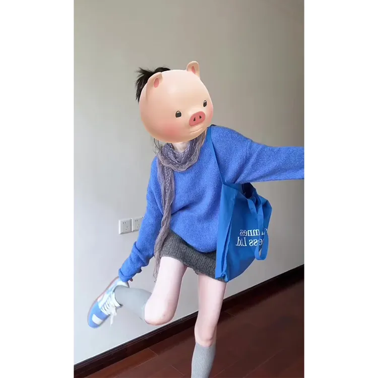韩系简约宽松套头蓝色毛衣休闲针织衫上衣时尚针织半身裙包臀裙