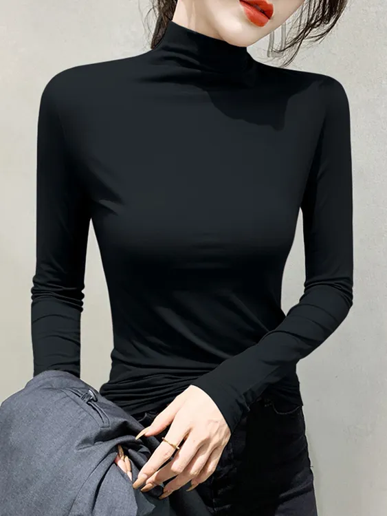 黑色莫代尔半高领打底衫女内搭2025新款春秋冬洋气长袖高级感上衣