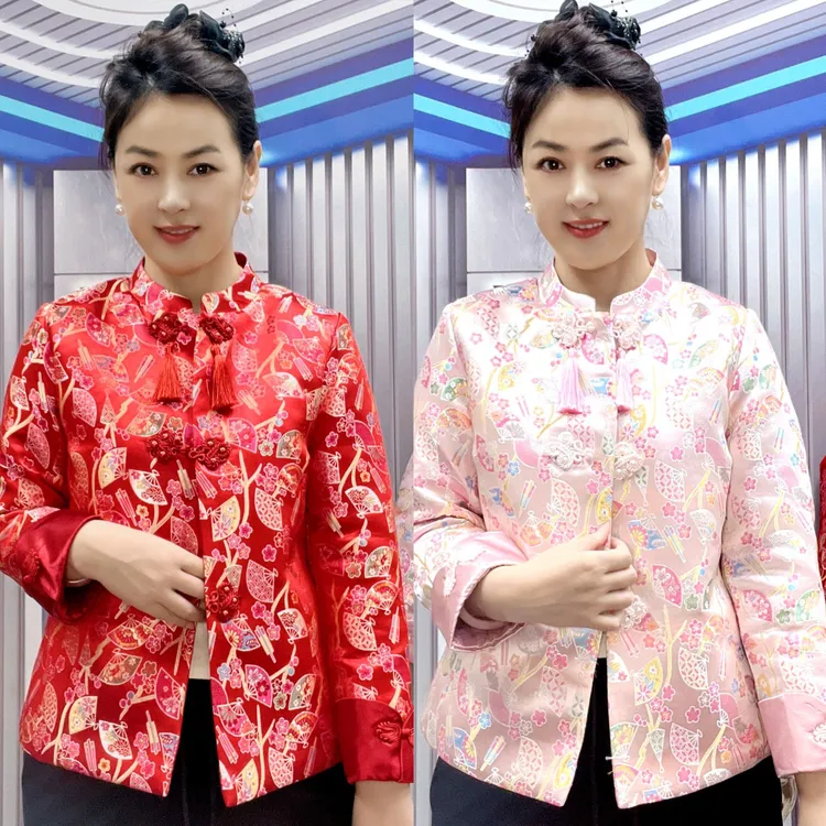 2025新中式国风【加棉喜庆外套】时尚复古立领提花红色薄棉上衣