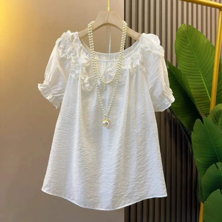 休闲纯色简约通勤立体小花边小众独特T恤衣长62左右