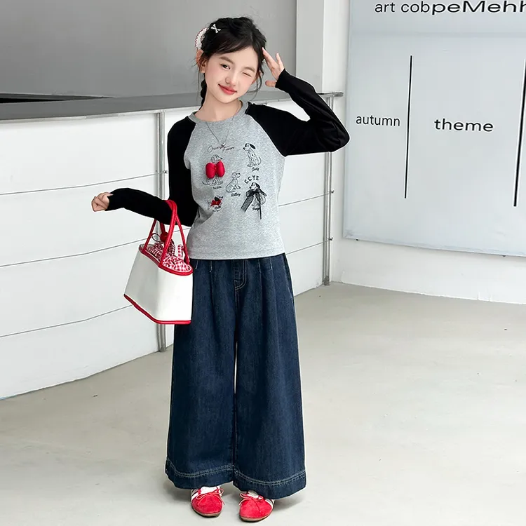 女童春秋装新款长袖t恤儿童上衣女孩早秋修身打底衫牛仔裤两件套