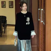 新中式大码国风丝绒衬衫女2025新款蕾丝拼接钉珠衬衣中长款上衣秋