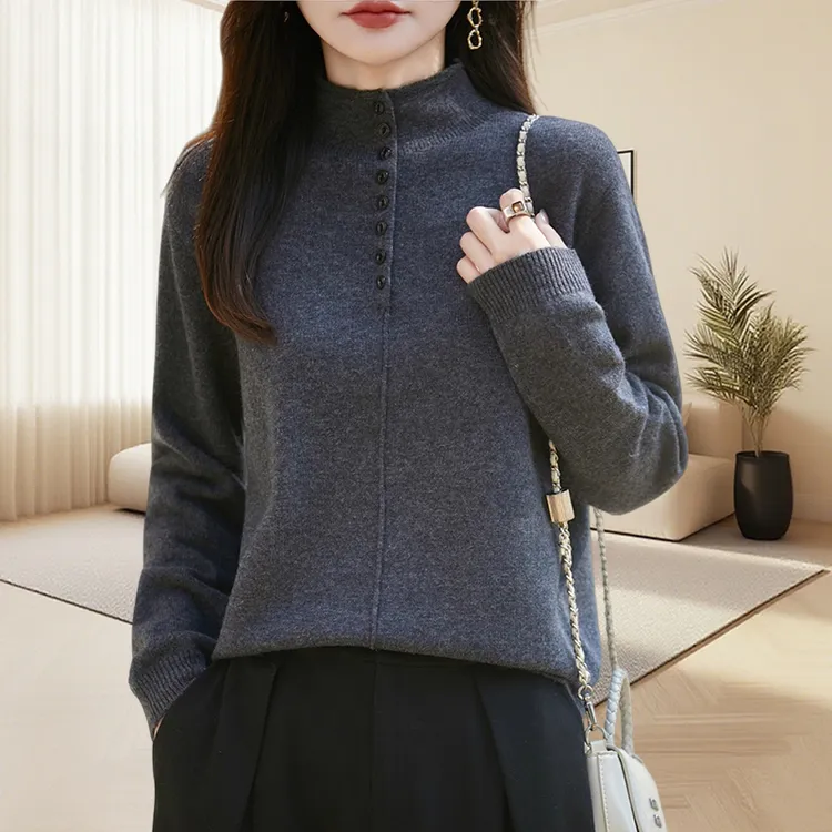 2025秋冬新款半高领纽扣毛衣修身上衣慵懒风小个子灰色针织打底衫