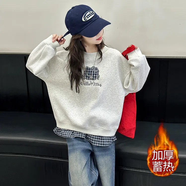 女童加绒卫衣2025新款洋气儿童秋冬款加厚一体绒保暖圆领花边上衣