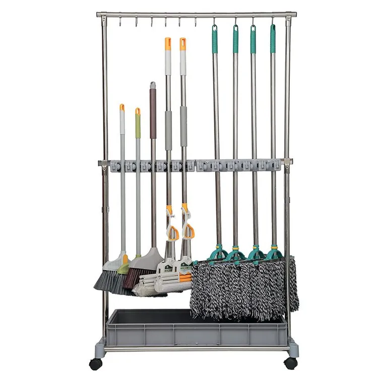 不锈钢拖把置物架可移动落地式学校工厂挂钩清洁墩布收纳沥水架子