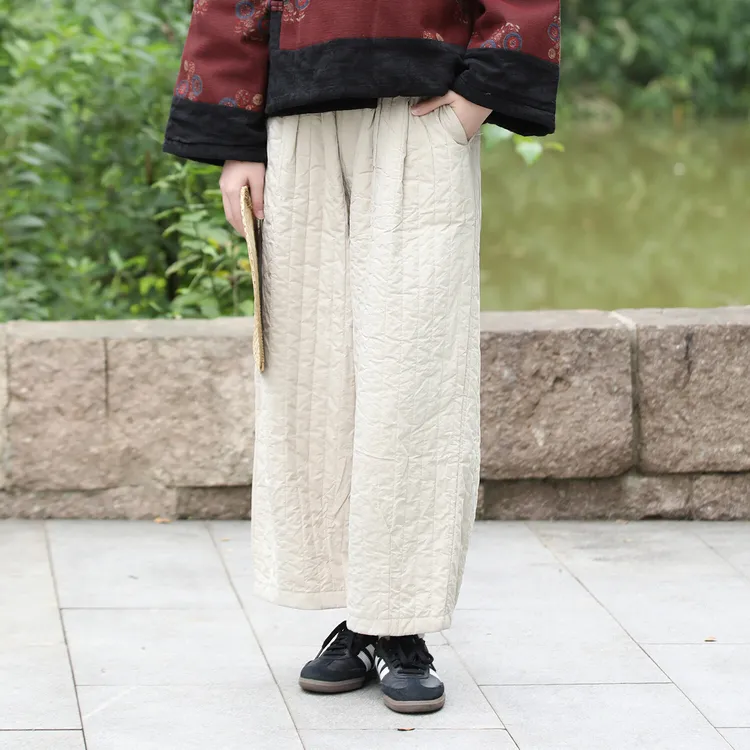复古文艺休闲简约纯色棉裤女冬季新品夹棉保暖松紧腰慵懒风阔腿裤