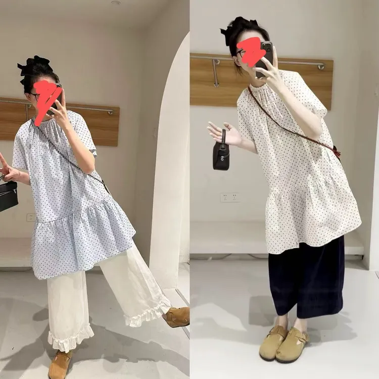 大码设计感法式衬衫上衣连衣裙裤子两件套9339