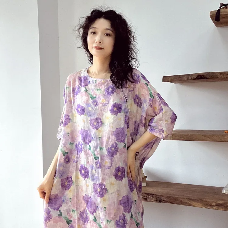 夏季宽松透气衣服落肩中长款斜襟袍子防䧈苎麻印花中国风连衣裙女
