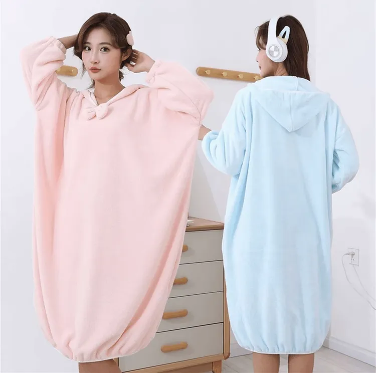 浴袍女家用可穿浴巾吸水柔软速干洗澡睡袍成人学生带帽可穿干发帽