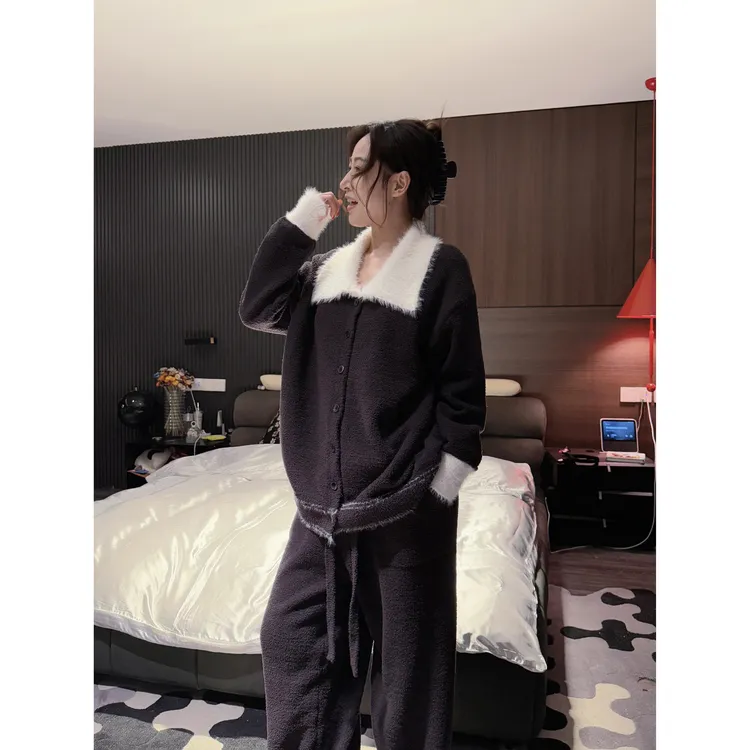 韩系高级感设计毛领针织睡衣女款秋冬新款舒适加厚保暖家居服套装